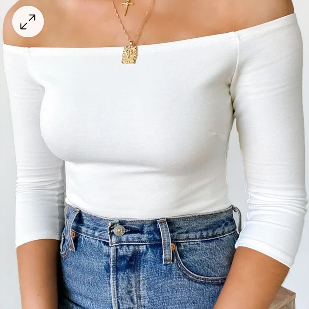 Off the shoulder, white, long sleeve bodysuit